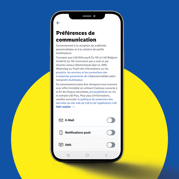 Un smartphone affichant les préférences de communication de Lidl, avec des options pour e-mail, notifications push et SMS.