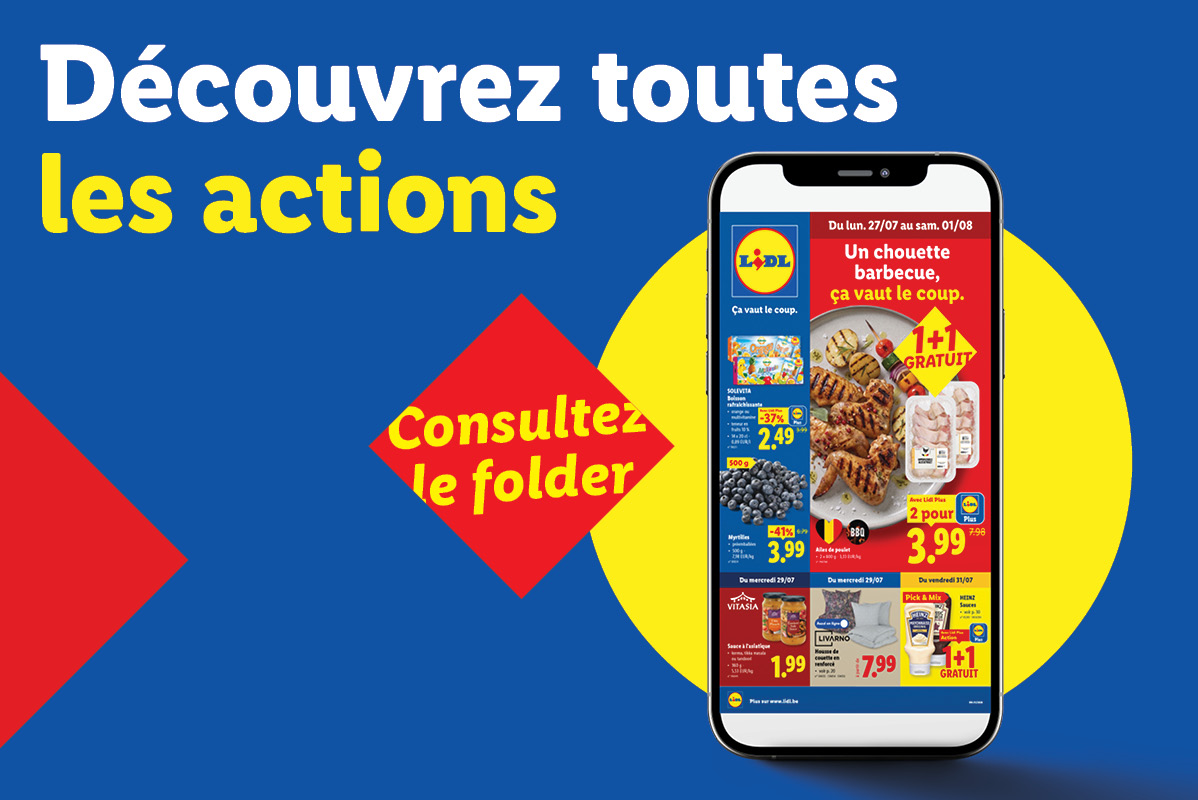 Publicité Lidl pour des promotions sur les produits de barbecue, les fruits et les articles ménagers.