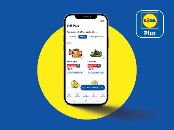 Application mobile affichant des offres sur des courgettes, des bananes et des boîtes repas.