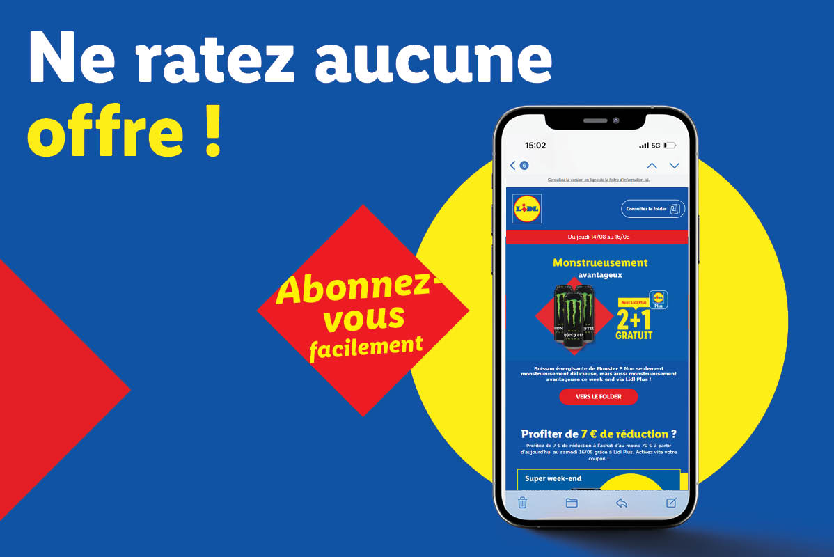 Publicité Lidl pour des offres, avec un téléphone affichant une promotion Monster 2+1 gratuit et 7€ de réduction.
