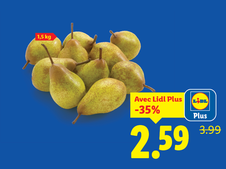 Poires en vrac, 1,5 kg, avec une réduction de 35% à 2,59 € au lieu de 3,99 €.