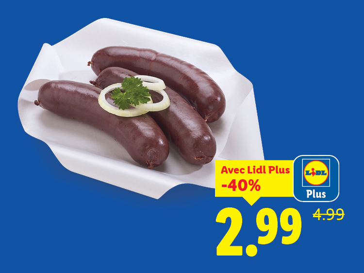Boudins noirs avec oignons et persil, en promotion à 2,99€ au lieu de 4,99€.