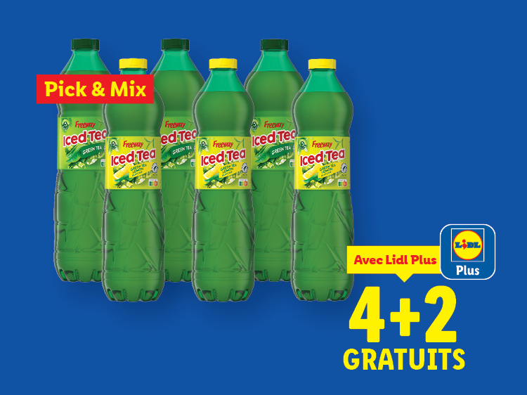 Six bouteilles de thé glacé vert, avec une offre 4+2 gratuits et la mention 'Pick & Mix'.