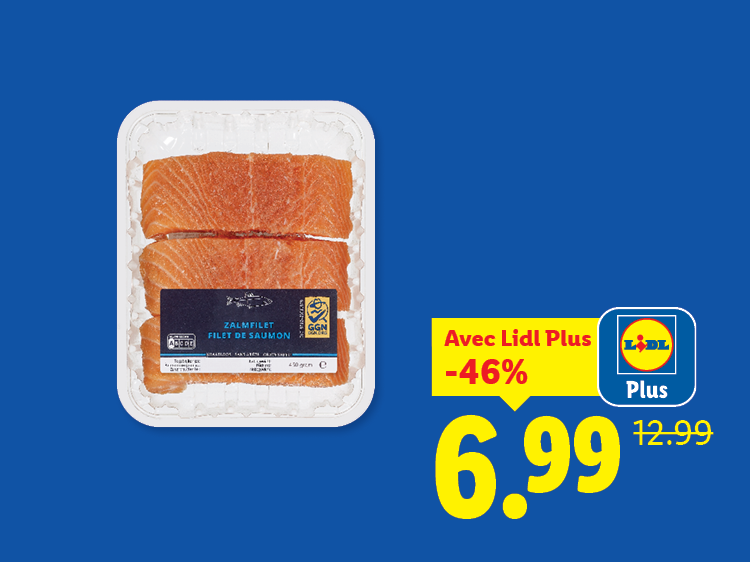 Filet de saumon en barquette, avec une réduction de 46% à 6,99€ au lieu de 12,99€.