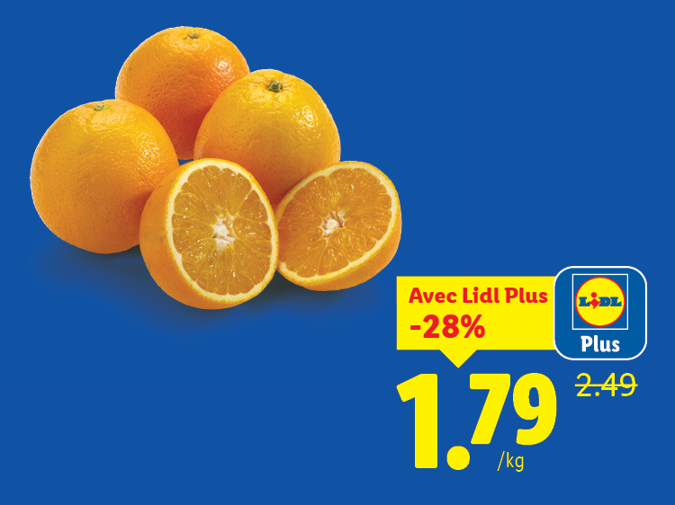 Oranges fraîches avec une offre promotionnelle de -28% à 1,79€/kg.