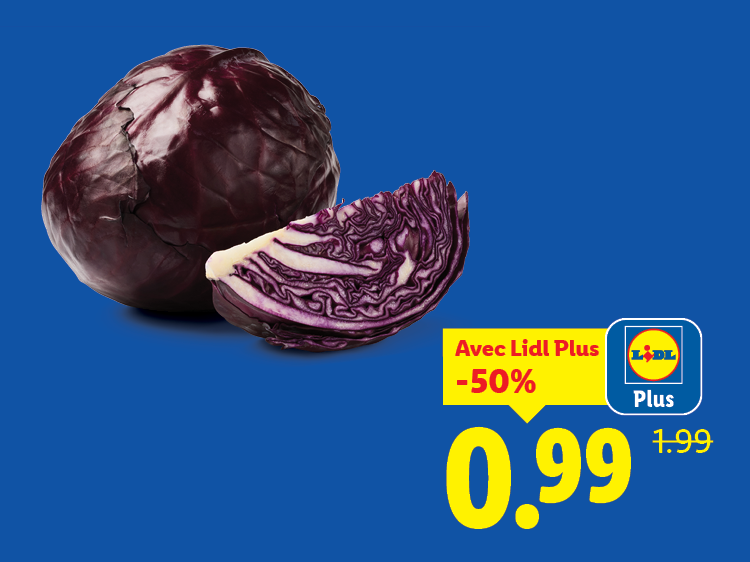 Chou rouge entier et coupé, avec une offre de 50% de réduction à 0,99.