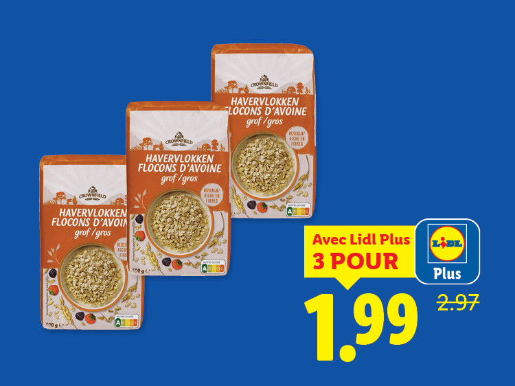 Trois paquets de flocons d'avoine avec une offre spéciale Lidl Plus : 3 pour 1,99.