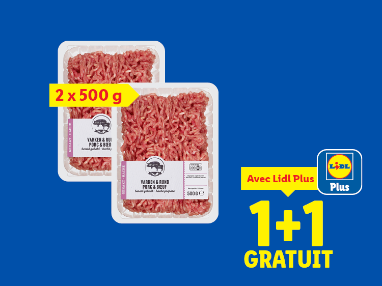 Deux paquets de viande hachée porc et bœuf (2 x 500g) avec offre 1+1 gratuit Lidl Plus.