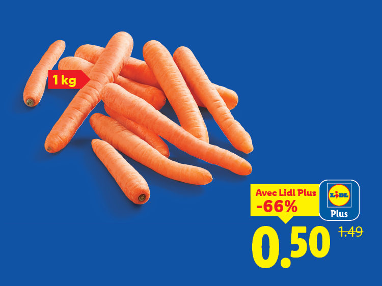 Carottes fraîches de 1 kg, offertes à 0,50 avec une réduction de 66%.