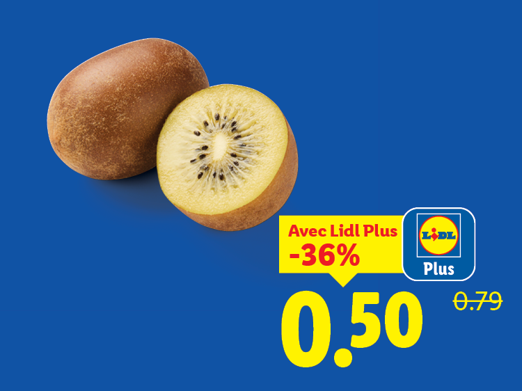 Kiwi doré entier et coupé en deux, avec une offre promotionnelle de -36% à 0,50.