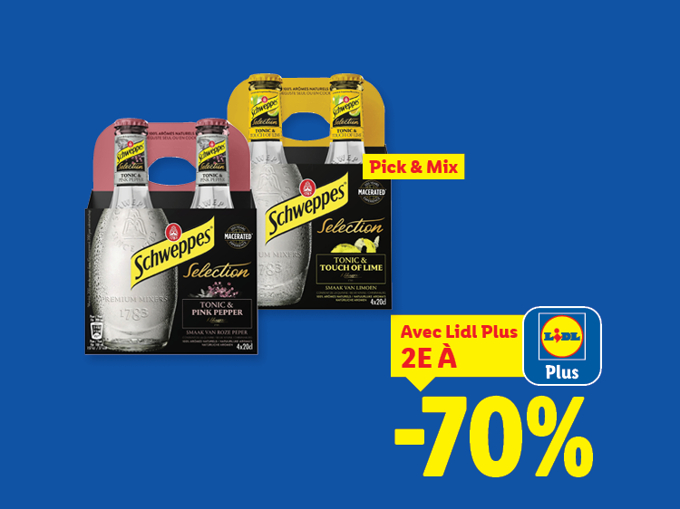 Deux packs de tonics, avec une offre Lidl Plus de -70% sur le deuxième.