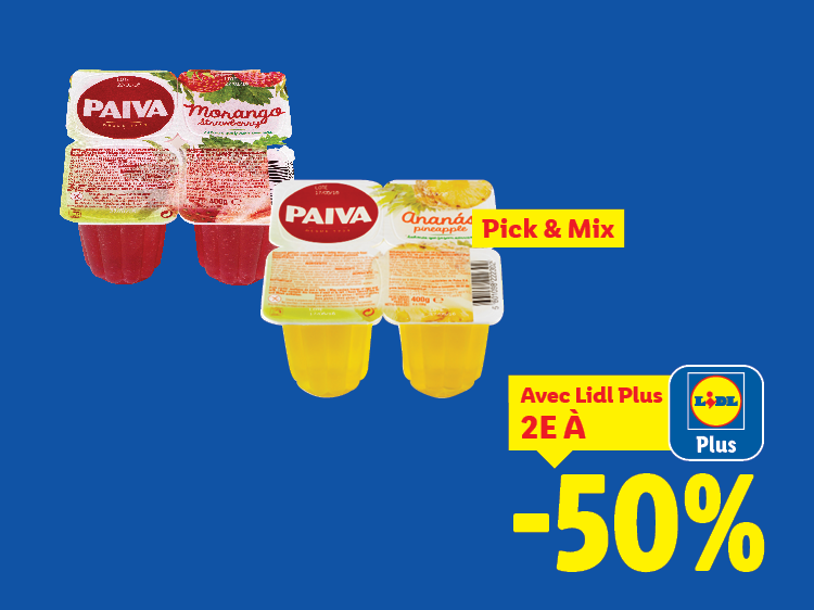 Desserts gélifiés à la fraise et à l'ananas, avec une offre 'Pick & Mix' et -50% avec Lidl Plus.