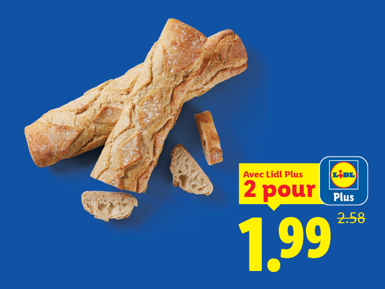 Deux baguettes de pain coupées, avec une offre spéciale de 2 pour 1,99.