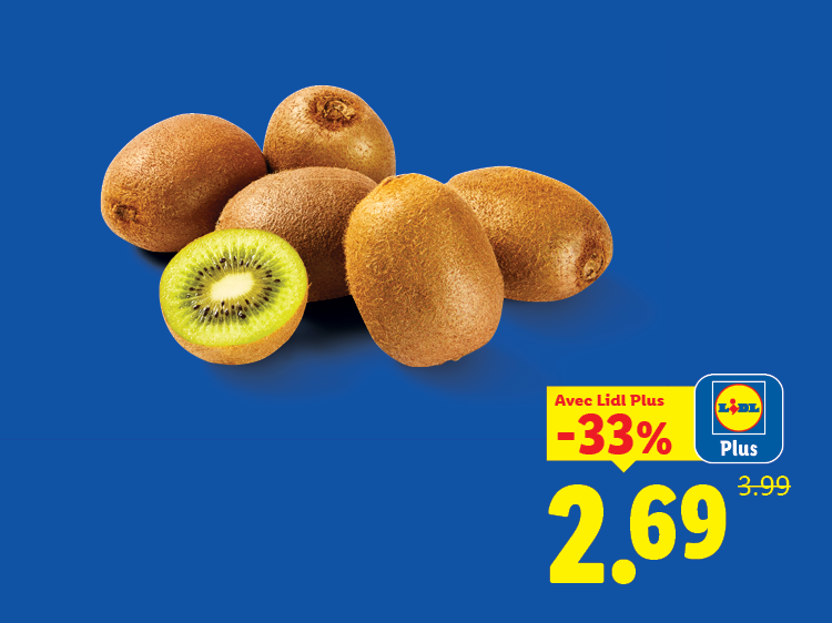 Kiwi frais avec une réduction de 33% à 2,69€ au lieu de 3,99€.