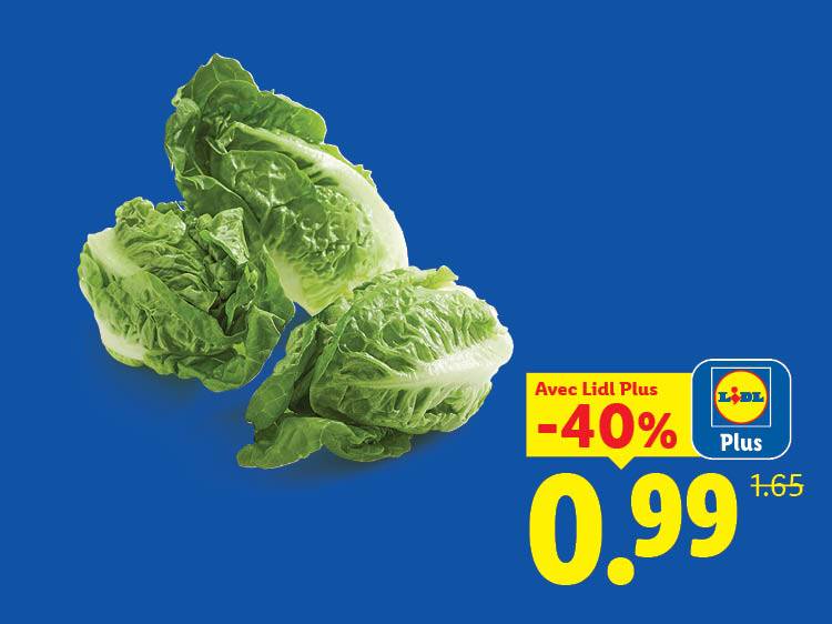 Trois laitues romaines sur fond bleu, avec une réduction de 40% à 0,99.