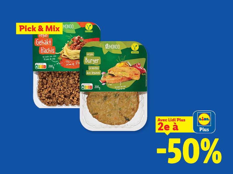 Hachis végétal et burger végétal avec une offre promotionnelle de -50% sur le deuxième produit.