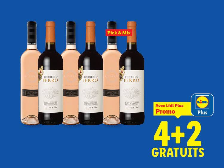Six bouteilles de vin rouge et rosé avec une offre 4+2 gratuits et un bandeau 'Pick & Mix'.