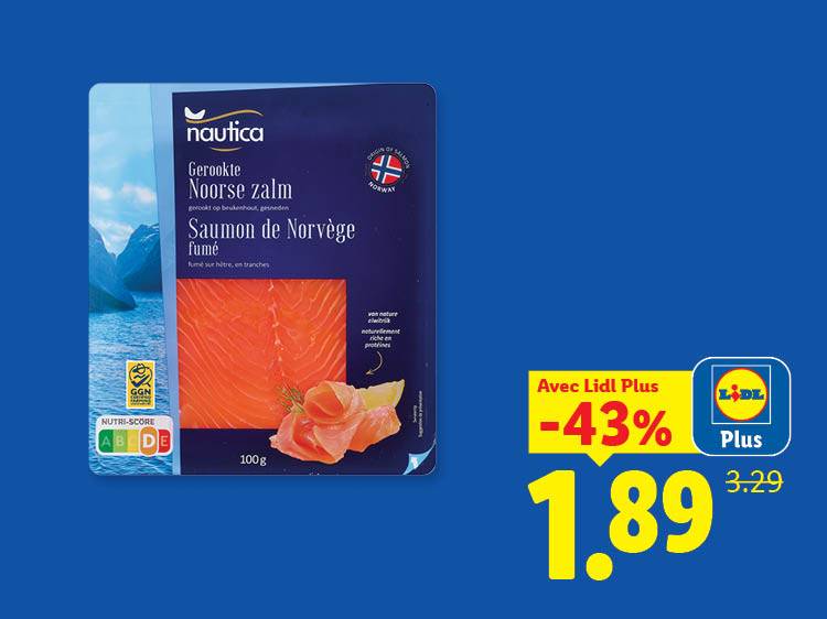 Saumon fumé de Norvège en promotion à 1,89 € avec Lidl Plus, soit 43% de réduction.