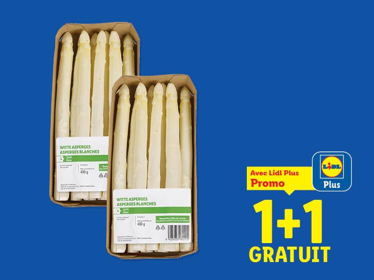 Deux barquettes d'asperges blanches avec une offre promotionnelle 1+1 gratuit.