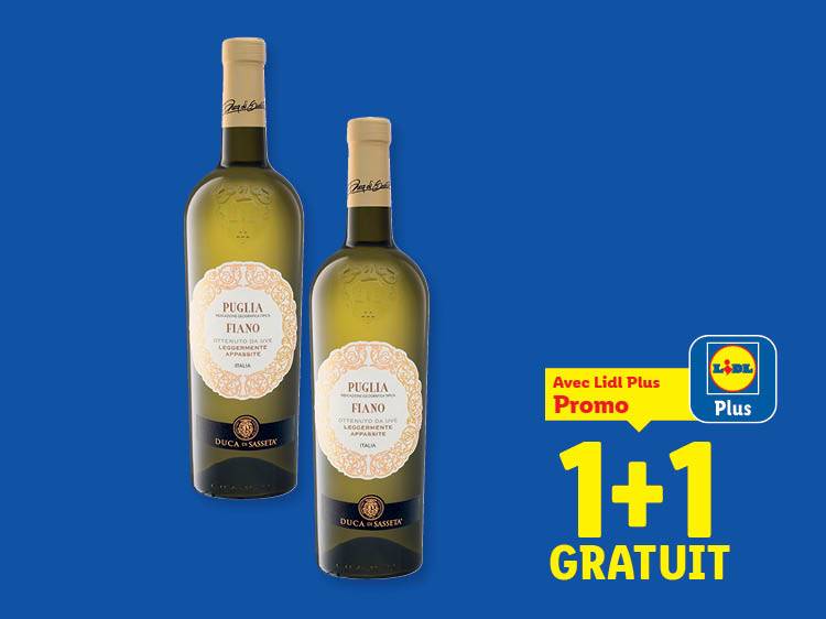Deux bouteilles de vin blanc italien avec une promotion 1+1 gratuit pour les membres Lidl Plus.