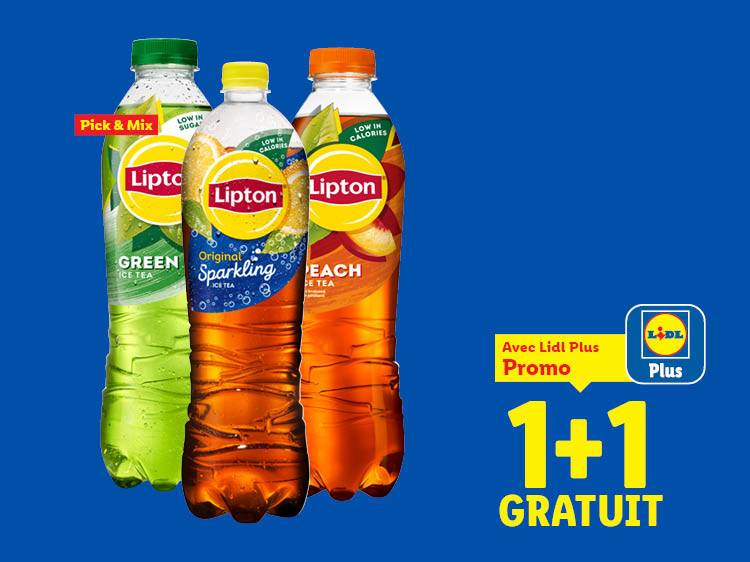 Trois bouteilles de thé glacé Lipton (vert, pétillant, pêche) avec une offre 1+1 gratuit via Lidl Plus.