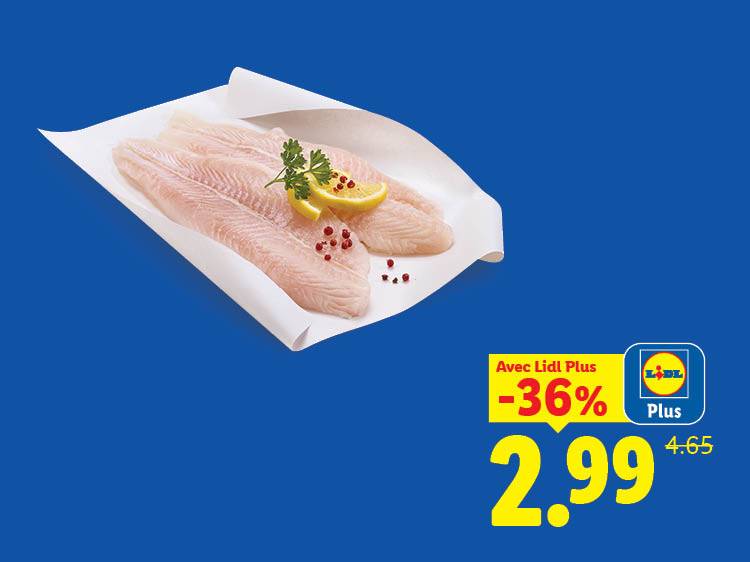 Filets de poisson frais avec citron et persil, offerts à 2,99 € avec une réduction de 36 %.