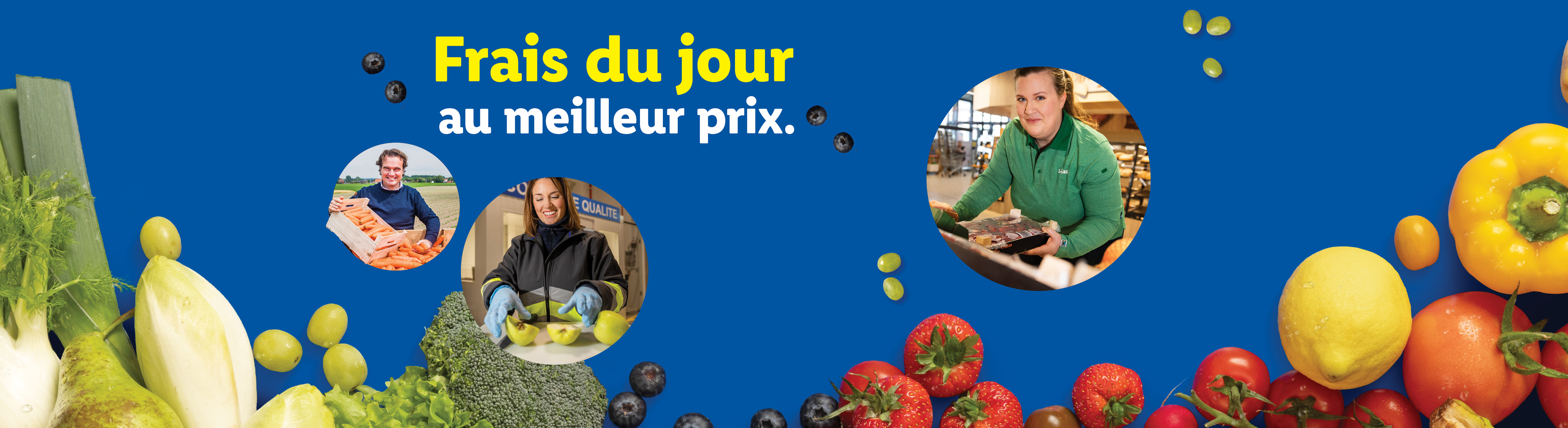 Fruits et légumes frais du jour à des prix abordables, avec des employés souriants.