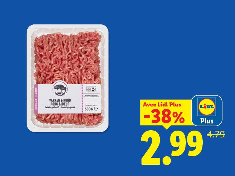 Viande hachée de porc et de bœuf de 500g, en promotion à 2,99€ au lieu de 4,79€ avec Lidl Plus.
