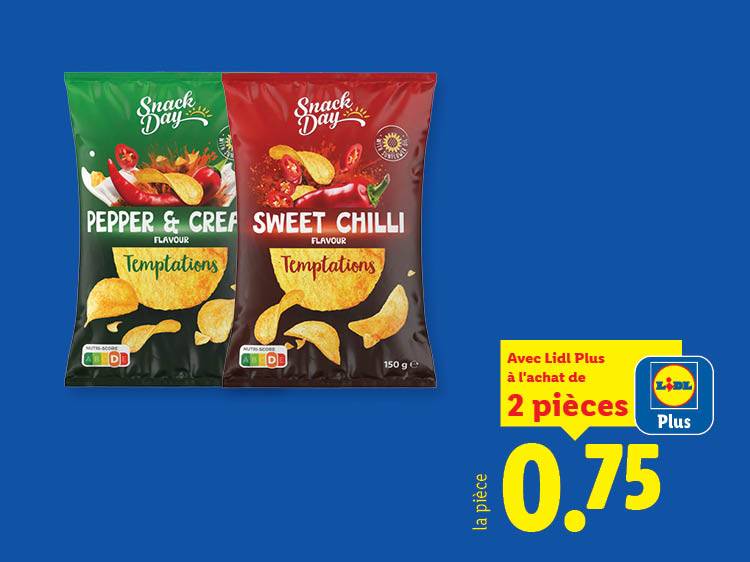 Deux paquets de chips saveur poivre et crème et piment doux, avec une offre Lidl Plus de 0,75€ l'unité pour l'achat de 2 pièces.