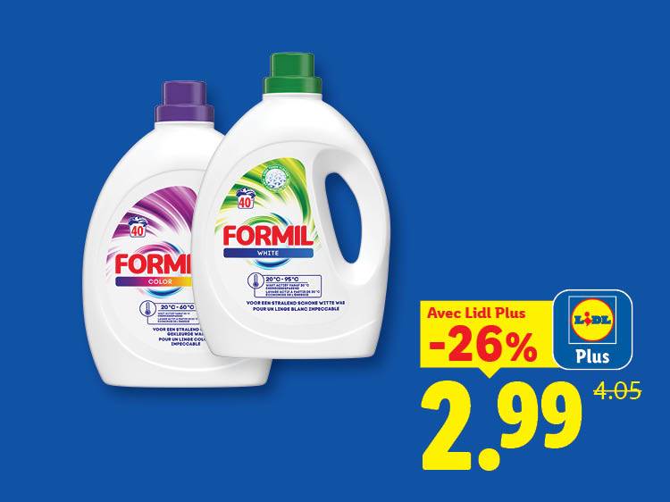 Deux bouteilles de lessive, une pour le blanc et une pour la couleur, avec une réduction de 26% à 2,99€.