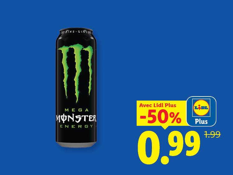 Canette de boisson énergisante noire avec un logo vert, en promotion à 0,99 € avec la carte de fidélité.