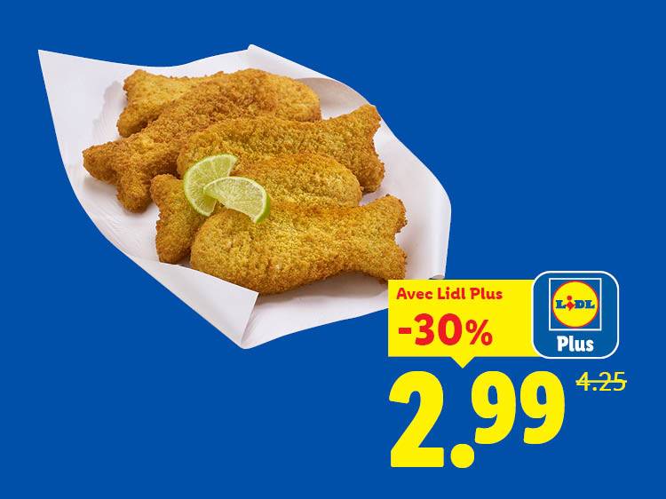Nuggets de poisson panés en forme de poisson avec des tranches de citron vert, offerts à 2,99 € avec une réduction de 30 %.