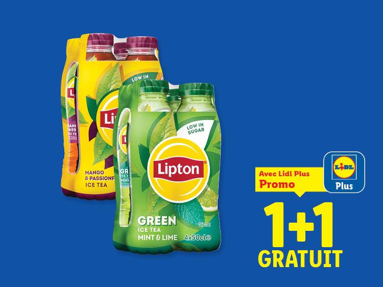 Packs de thé glacé vert menthe-citron vert et mangue-fruit de la passion, avec offre 1+1 gratuit.