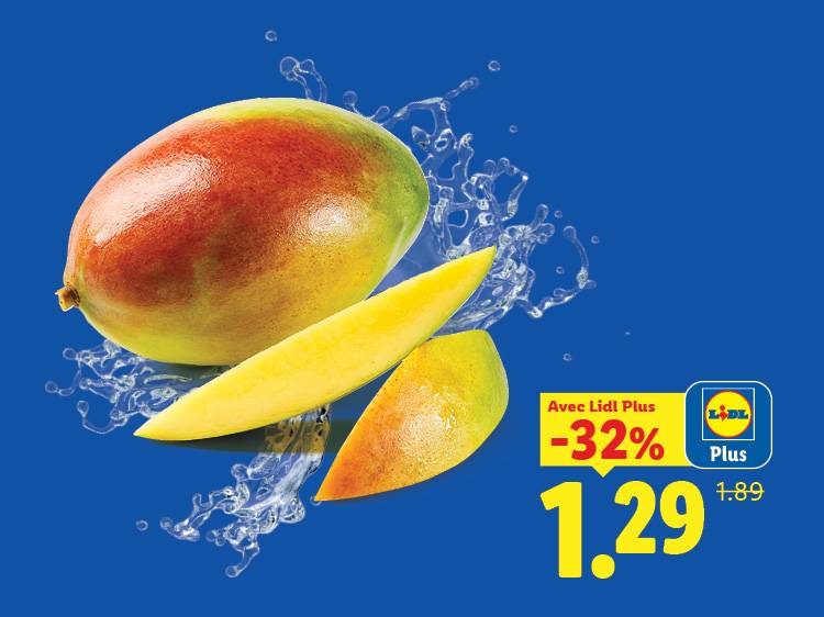Mangue entière et coupée avec des éclaboussures d'eau, promotion de -32% à 1,29.
