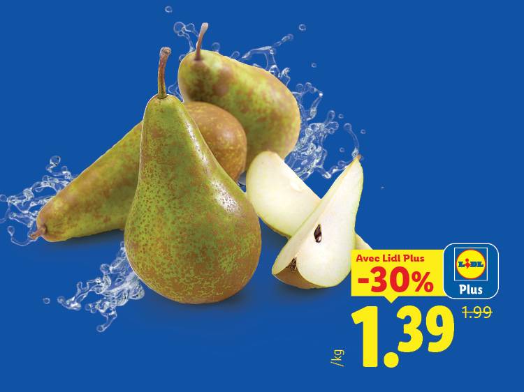Poires vertes avec des éclaboussures d'eau, promotion de -30% à 1,39€/kg.