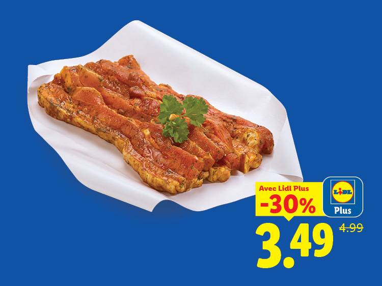 Viande marinée avec persil, offre spéciale -30% à 3,49€ au lieu de 4,99€.