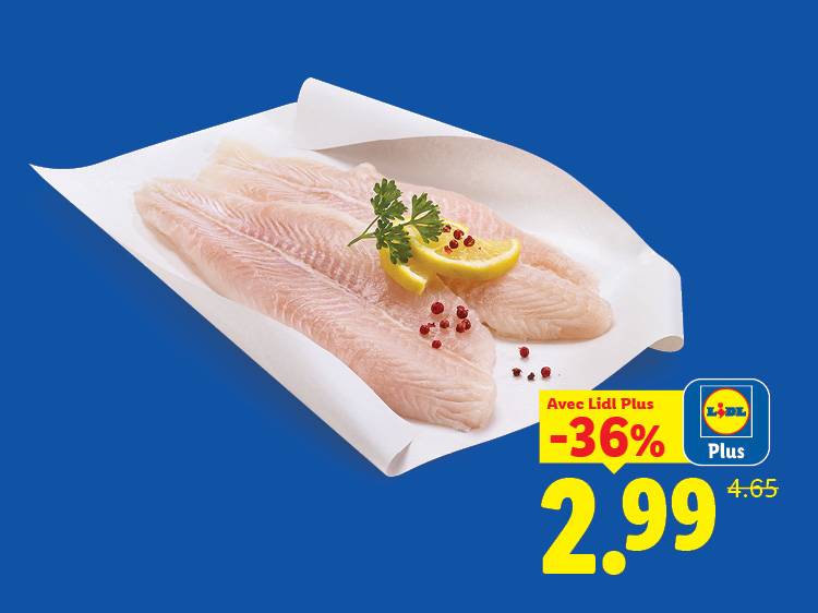Filets de poisson frais avec citron et persil, promotion de -36% à 2,99.
