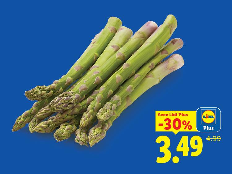 Un bouquet d'asperges vertes sur fond bleu, avec une offre de réduction de 30%.