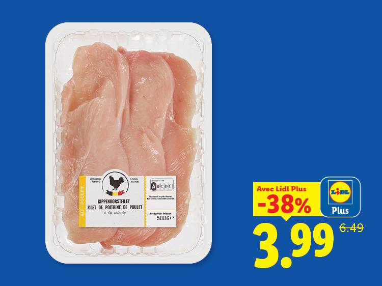 Barquette de filets de poulet avec une promotion de -38% à 3,99€, prix initial 6,49€.