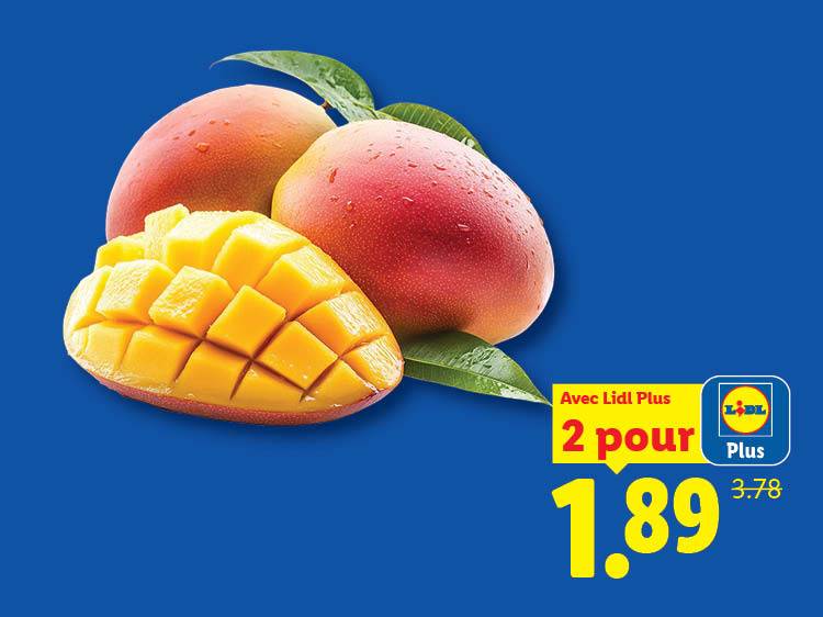 Trois mangues, dont une coupée en dés, avec une offre de 2 pour 1,89.