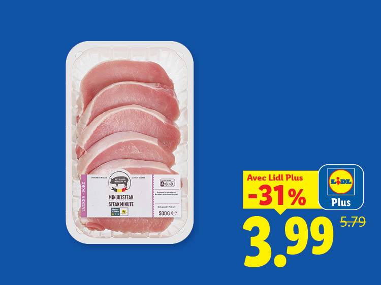 Barquette de steaks de porc, 500g, en promotion à 3,99€ au lieu de 5,79€ avec la carte de fidélité.