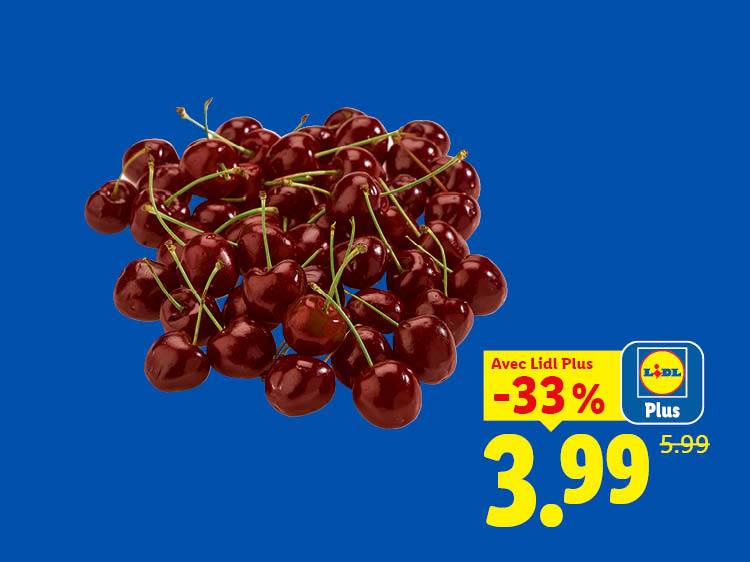 Cerises rouges sur fond bleu avec une offre promotionnelle de -33% à 3,99€ au lieu de 5,99€.