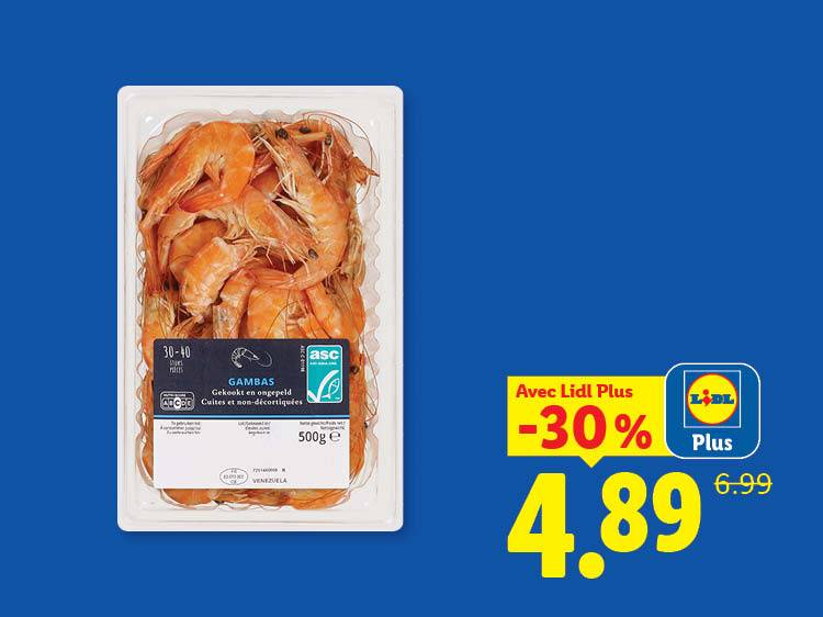 Barquette de crevettes cuites et non décortiquées, avec une réduction de 30% à 4,89 €.