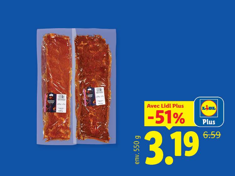 Deux paquets de travers de porc marinés sous vide, avec une offre de -51% à 3,19€.