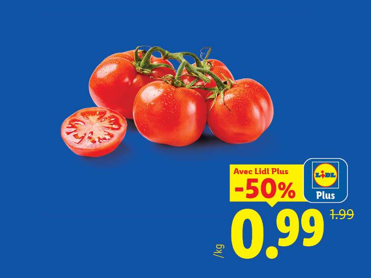 Tomates en grappe et coupée, avec une offre de -50% à 0.99€/kg.