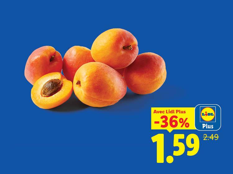 Abricots frais avec une réduction de 36%, prix spécial 1,59€ au lieu de 2,49€.