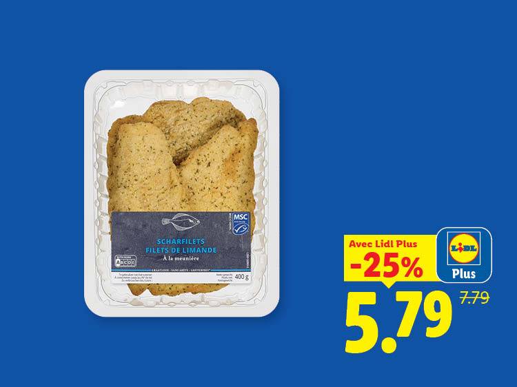 Filets de limande panés, avec une réduction de 25% à 5,79€ au lieu de 7,79€.