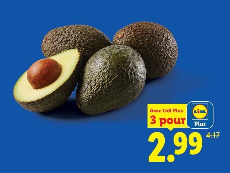 Avocats sur fond bleu, avec une offre promotionnelle de 3 pour 2,99.