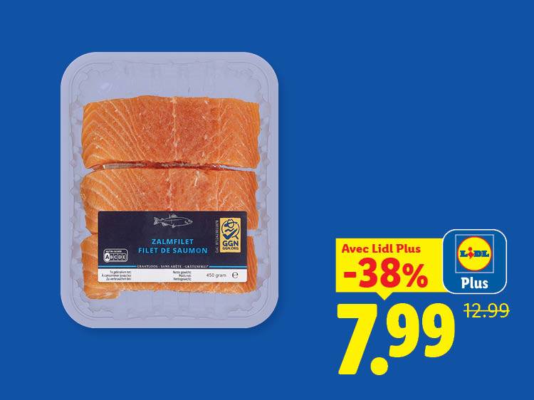 Filet de saumon de 450 grammes, avec une réduction de 38% à 7,99 € au lieu de 12,99 €.