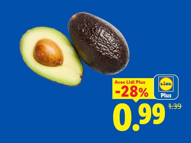 Avocats, un coupé en deux avec noyau, en promotion à 0,99 avec -28% de réduction.
